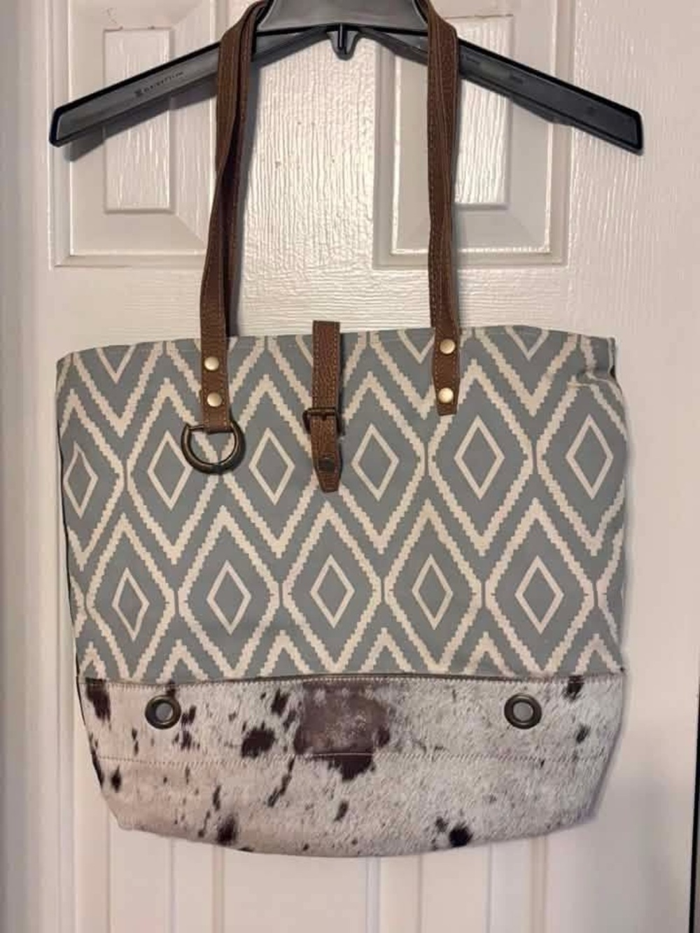 Myra Bag Gray and White Geometric Tote with Brown Straps